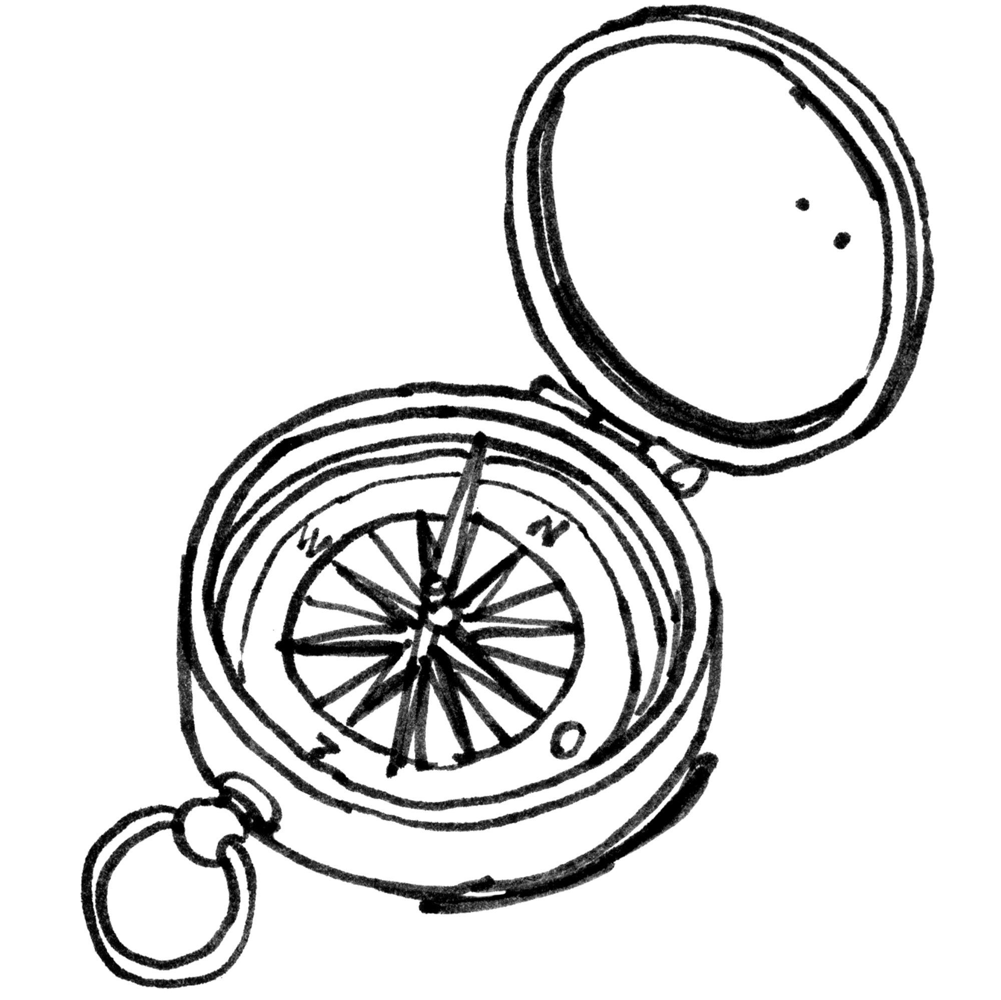 Handgetekende kompasillustratie Zwarte met pen getekende lijntekening van een kompas